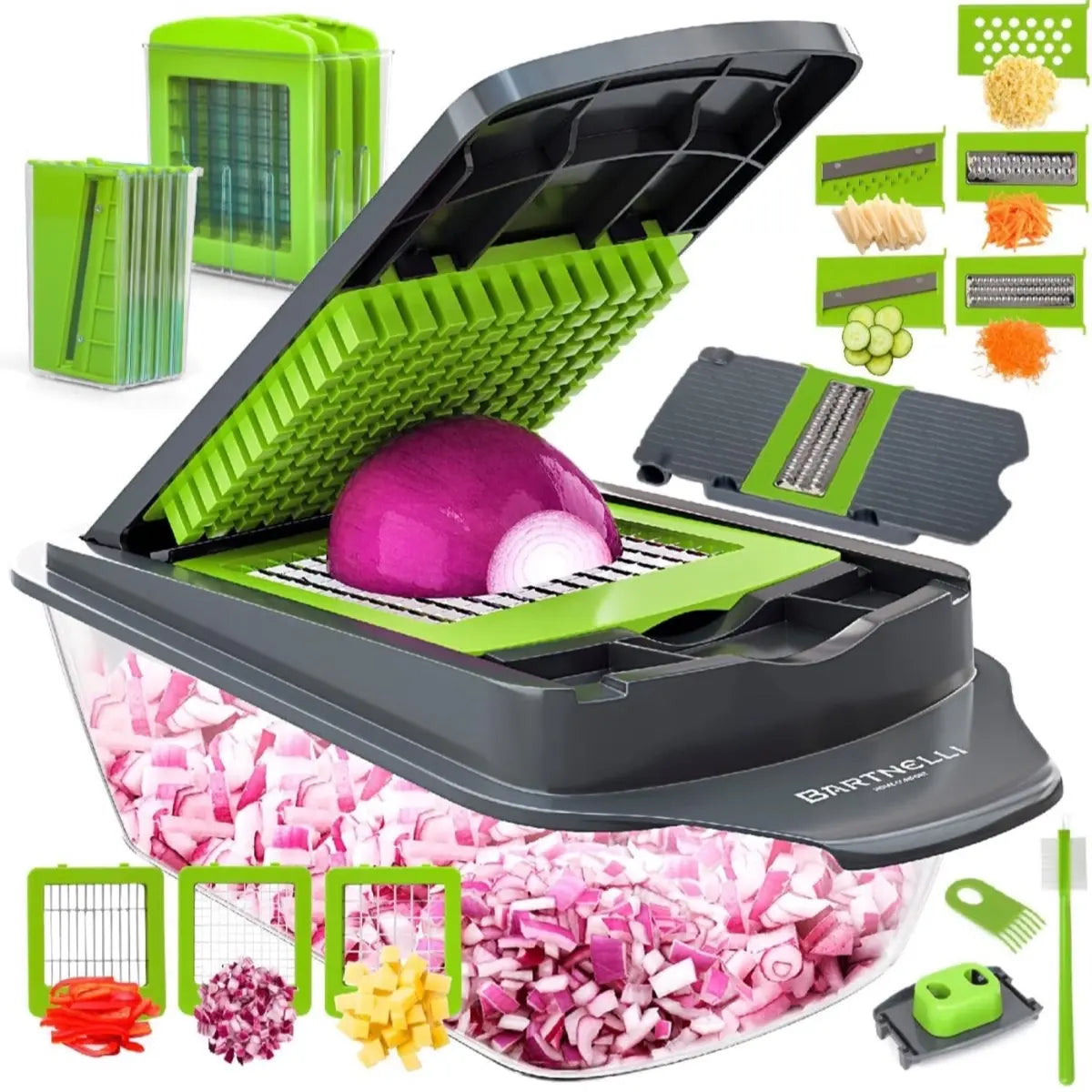 Vegetable Chopper Food Slicer Pro | 15 Pc Multifuctional Kitchen Gadgets for Onion, Veggie, Cheese Grater, Vegetables Cutter with Large Container, Easy to Clean, with Bonus Brush and Fork