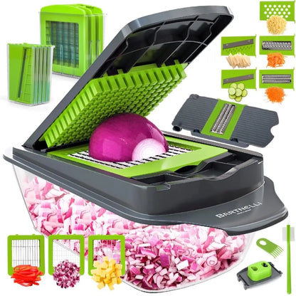 Vegetable Chopper Food Slicer Pro | 15 Pc Multifuctional Kitchen Gadgets for Onion, Veggie, Cheese Grater, Vegetables Cutter with Large Container, Easy to Clean, with Bonus Brush and Fork