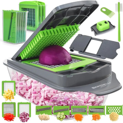 Vegetable Chopper Food Slicer Pro | 15 Pc Multifuctional Kitchen Gadgets for Onion, Veggie, Cheese Grater, Vegetables Cutter with Large Container, Easy to Clean, with Bonus Brush and Fork